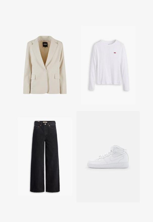 Crèmekleurige blazer met één knoop, met notch-revers en twee klepzakken, gelabeld Urban Classics, maat XS.; Witte lange mouwen shirt van zachte katoen. Bevat een klein rood Levi's logo op de linkerborst. Klassiek ronde hals ontwerp.; Zwarte brede jeans gemaakt van denim, met vijf zakken, koperen klinknagels en een klassieke knoopsluiting. Glad van textuur met een strakke uitstraling.; Witte hoge sneakers van leer met een gevoerde kraag, geperforeerde neus, veters en een verstelbare enkelband; logo op de zijkant.