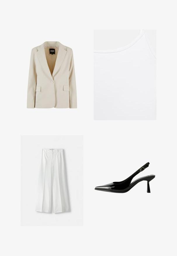 Krémový jednorozopínací blazer s výrezom v klopách a dvoma vreckami s krytkou, označený Urban Classics, veľkosť XS.; Jednoduché biele tielko zaobleným výstrihom a viditeľným prešitím pozdĺž okrajov.; Biele nohavice s širokými nohavicami s vysokým pásom, stredným záhybom a klasickým zapínaním na gombík. Vyrobené z hladkej tkaniny s upraveným strihom.; Čierne lakované kožené slingback lodičky s špicatou špičkou, vyrezávanými bokmi, nastaviteľným remienkom okolo členka a tenkým, elegantným podpätkom.