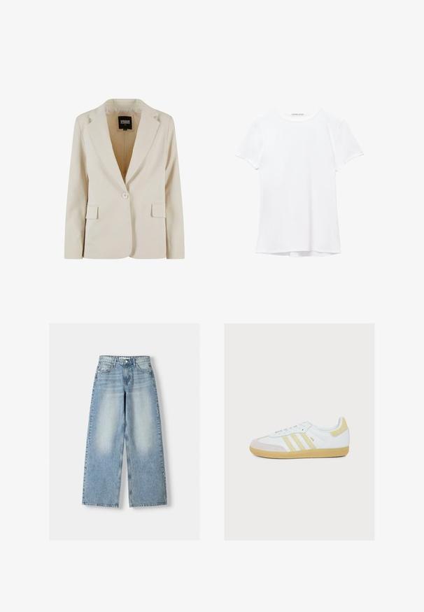 Krémový jednorozopínací blazer s výrezom v klopách a dvoma vreckami s krytkou, označený Urban Classics, veľkosť XS.; Biela tričká s krátkym rukávom vyrobené z hladkej tkaniny, s okrúhlym výstrihom a jemnými švami na leme.; Svetlomodré džínsy s širokými nohavicami a vysokým pásom, so zúženým vzhľadom, piatimi vreckami a rovnými nohavicami.; Biele tenisky Adidas Samba s béžovými semišovými pruhmi, záplatou na päte, prekrytím na špičke a gumovou podrážkou na bielom pozadí.