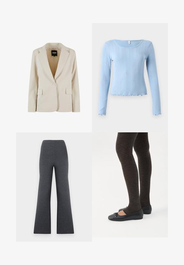 Krémový jednorozopínací blazer s výrezom v klopách a dvoma vreckami s krytkou, označený Urban Classics, veľkosť XS.; Svetlomodrý rebrovaný top s dlhým rukávom, výstrihom do oblúka a vlnitou lemovkou. Vyrobený z mäkkého materiálu s jemným textúrovaným vzorom.; Tmavosivé pletené nohavice s vysokým pásom a širokými nohavicami, s hladkou textúrou, zobrazené na bielom pozadí.; Nohy v tmavých pásikavých legínach v kombinácii s čiernymi balerínkami s malými mašličkami na bielom pozadí.