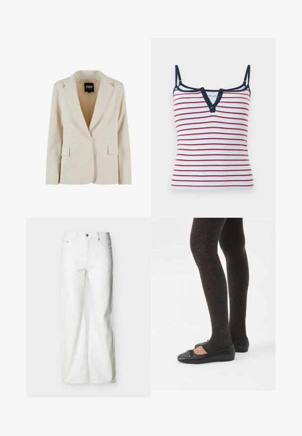 Crèmekleurige blazer met één knoop, met notch-revers en twee klepzakken, gelabeld Urban Classics, maat XS.; Witte geribbelde camisole met rode horizontale strepen, marineblauwe bies, dunne verstelbare bandjes en een V-hals met knopen.; Witte jeans met rechte pijpen en hoge taille, voorzien van een knoopsluiting aan de voorkant, rits, en zij- en achterzakken, tegen een effen lichte achtergrond.; Benen met donkere geribbelde leggings gecombineerd met zwarte ballerina's met kleine strikdetails op een witte achtergrond.
