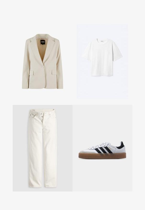 Crèmekleurige blazer met één knoop, met notch-revers en twee klepzakken, gelabeld Urban Classics, maat XS.; Witte T-shirt met korte mouwen en een ronde hals met rechte zoom, met een "WEEKDAY" merklabel aan de binnenkant van de hals.; Witte rechte jeans met hoge taille, knoopsluiting, voor- en achterzakken, en zichtbare koperen klinknagels op de hoeken van de zakken.; Witte leren sneakers met zwarte strepen, gumrubberen buitenzool, ronde neus, vetersluiting en een zachte grijze suède neuskap.