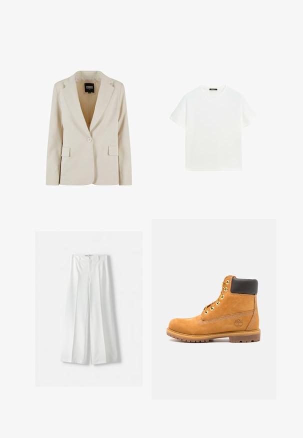 Creamfarvet blazer med én knap, revet revers og to klaplommer, mærket Urban Classics, størrelse XS.; Enkelt hvid T-shirt med korte ærmer og rund hals, med en lige kant og et lille sort mærke inde i kraven.; Hvide brede bukser med høj talje, midterfold og klassisk knaplukning. Fremstillet af glat stof med en skræddersyet design.; Brune læder ankelstøvle med sort polstring, gyldne øsken og en tekstureret sål. Har et cirkulært logo på siden og synlige syninger.