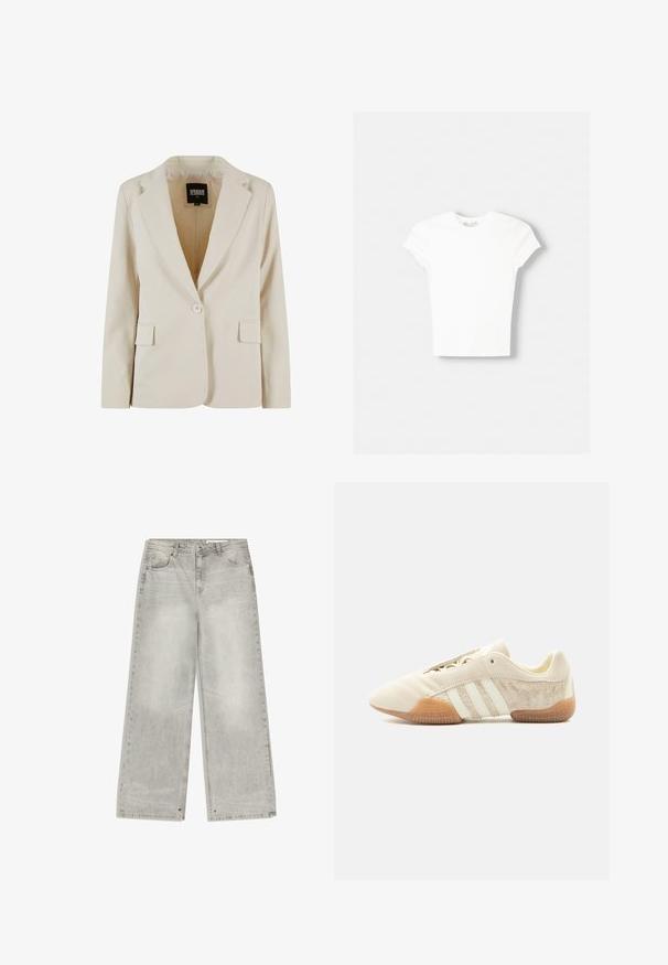 Krémový jednorozopínací blazer s výrezom v klopách a dvoma vreckami s krytkou, označený Urban Classics, veľkosť XS.; Biela krátka rukávová tričko vyrobené z mäkkého bavlneného materiálu, s okrúhlym výstrihom a priliehavým strihom. Bez viditeľných vzorov alebo ozdôb.; Široké šedé rifle z denimu majú vyblednutý vzhľad, päť vreciek a kovové doplnky. Tkanina má jemnú textúru a čistý spodný okraj.; Nízky béžový teniska s tromi bielymi pruhmi, textúrovanými semišovými bočnými panelmi, gumovou podrážkou a šnurovaním na jednofarebnom pozadí.