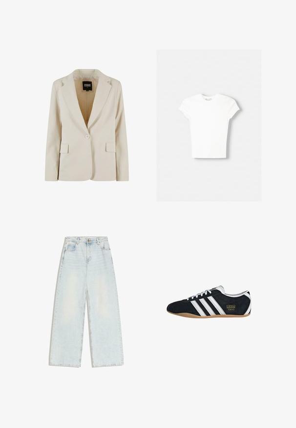 Krémový jednorozopínací blazer s výrezom v klopách a dvoma vreckami s krytkou, označený Urban Classics, veľkosť XS.; Biela krátka rukávová tričko vyrobené z mäkkého bavlneného materiálu, s okrúhlym výstrihom a priliehavým strihom. Bez viditeľných vzorov alebo ozdôb.; Svetlomodré džínsy širokého strihu s piatimi vreckami, pútkami na opasok a zapínaním na gombík v prednej časti pásu.; Čierne semišové tenisky s bielymi tromi pruhmi, zlatým logom a hnedou gumovou podrážkou. Disponujú nízkym šnurovacím dizajnom.