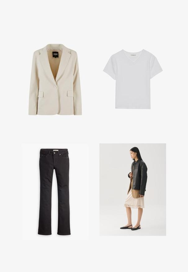 Crèmekleurige blazer met één knoop, met notch-revers en twee klepzakken, gelabeld Urban Classics, maat XS.; Witte T-shirt met korte mouwen en V-hals, gemaakt van ribbelstof. Heeft een strakke ontwerp met een rechte zoom en minimale details.; Zwarte jeans van denim, met een recht toelopende pijp, standaard taille, vijf zakken en subtiele stiksels.; Zwarte leren jas over een bruine top, gecombineerd met een licht crèmekleurige slipjurk met kanten rand en zwarte slingback schoenen.