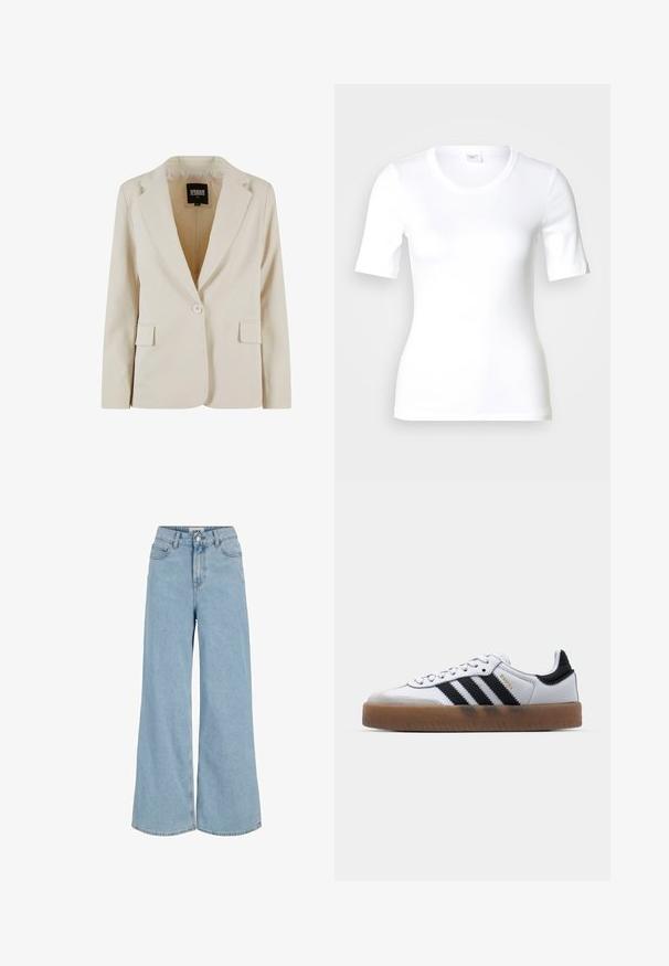 Krémový jednorozopínací blazer s výrezom v klopách a dvoma vreckami s krytkou, označený Urban Classics, veľkosť XS.; Biele tričko s krátkym rukávom z hladkej bavlny, s okrúhlym výstrihom a priliehavým strihom. Klasický dizajn bez vzorov či akcentov.; Svetlomodré široké džínsové nohavice s predným zapínaním na gombík a zips, s páskovičkami a prednými vreckami.; Biele kožené tenisky s čiernymi pruhmi, gumová podrážka, okrúhla špička, šnurovanie a mäkký sivý semišový špička.