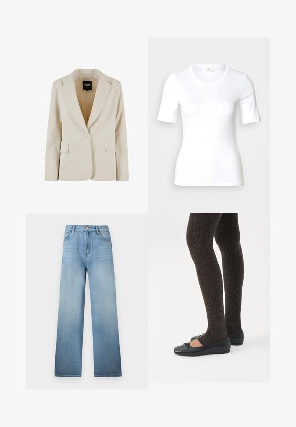 Crèmekleurige blazer met één knoop, met notch-revers en twee klepzakken, gelabeld Urban Classics, maat XS.; Wit T-shirt met korte mouwen van glad katoen, met een ronde halslijn en een aangesloten pasvorm. Klassiek ontwerp, zonder patronen of accenten.; Lichtblauwe jeans met rechte pijpen, ontworpen met vijf zakken, broeklussen, een knoopsluiting en subtiele vervaging van taille tot zoom.; Benen met donkere geribbelde leggings gecombineerd met zwarte ballerina's met kleine strikdetails op een witte achtergrond.
