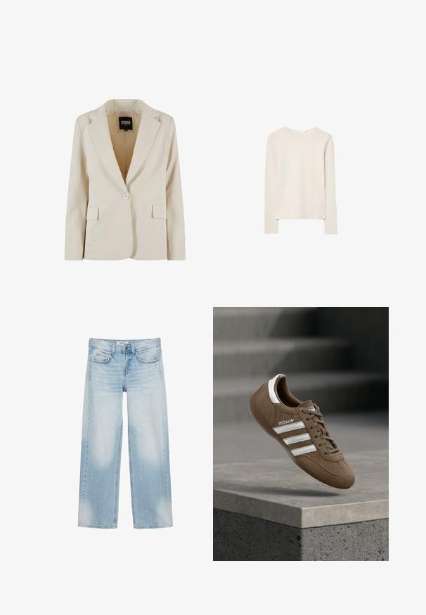Krémový jednorozopínací blazer s výrezom v klopách a dvoma vreckami s krytkou, označený Urban Classics, veľkosť XS.; Svetlo béžový top s dlhým rukávom z mäkkej tkaniny, s okrúhlym výstrihom a voľným strihom, rovný lem a s minimálnymi detailmi šitia.; Svetlomodré rifle s širokými nohavicami, piatimi vreckami, slučkami na opasok, zapínaním na gombík a jemným vyblednutím na predných stehnách a kolenách.; Hnedá semišová teniska Adidas Spezial s bielymi pruhmi a šnúrkami, vznášajúca sa nad sivým betónovým okrajom s rozmazaným pozadím schodov.