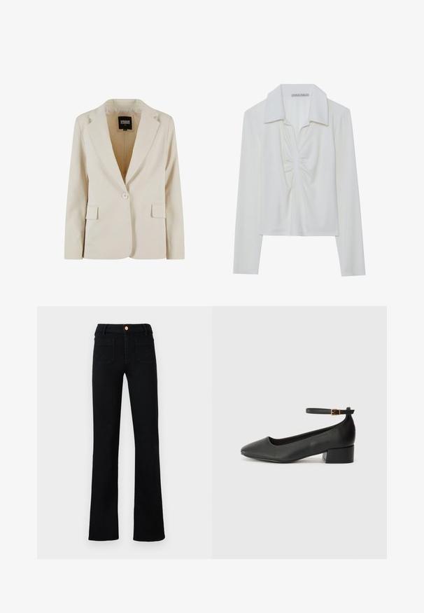 Creamfarvet blazer med én knap, revet revers og to klaplommer, mærket Urban Classics, størrelse XS.; Hvid langærmet bluse med krave, der har en central rynkeDetalje og ribbet tekstur. Fremstillet af et blødt, let stof.; Sorte højtaljede lige ben jeans med frontlomme og kobberknaplukning på en neutral baggrund.; Sorte sko i læder med ankelrem, lav firkantet hæl, spids tå og glat tekstur. Spænde på remmen for sikker pasform.