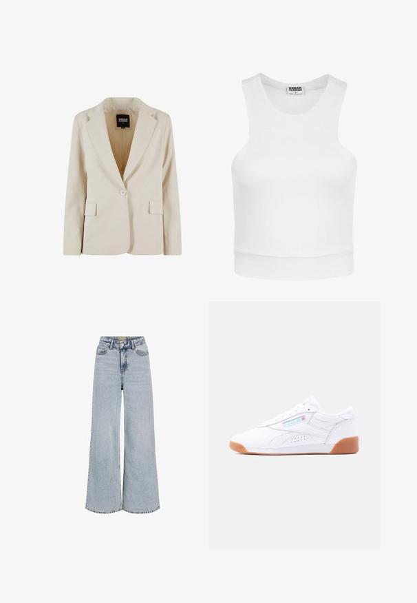 Creamfarvet blazer med én knap, revet revers og to klaplommer, mærket Urban Classics, størrelse XS.; Urban Classics LADIES SQUARED SHORT TOP - Top - white; Lys blå brede jeans lavet af denim. Høj talje-design med knaplukning, der har en subtil vaskes tekstur og fem lommer.; Hvid lav Reebok-sneaker med gummisål og lyseblåt logo samt Union Jack-detalje på siden, vist på en ensfarvet lys baggrund.