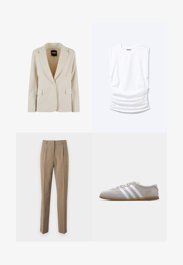 Creamfarvet blazer med én knap, revet revers og to klaplommer, mærket Urban Classics, størrelse XS.; Hvid ærmeløs t-shirt med rund halsudskæring, polstrede skuldre og rynkede sider, lagt fladt på lys baggrund.; Brune skræddersyede bukser lavet af glat stof, med en lige ben-design, frontfolder og en talje med bælteløkker.; Grå suedestøvle med hvide læderstriber og guldlogo-detalje. Flad gummisål, rund tå og klassisk snølukkedesign.