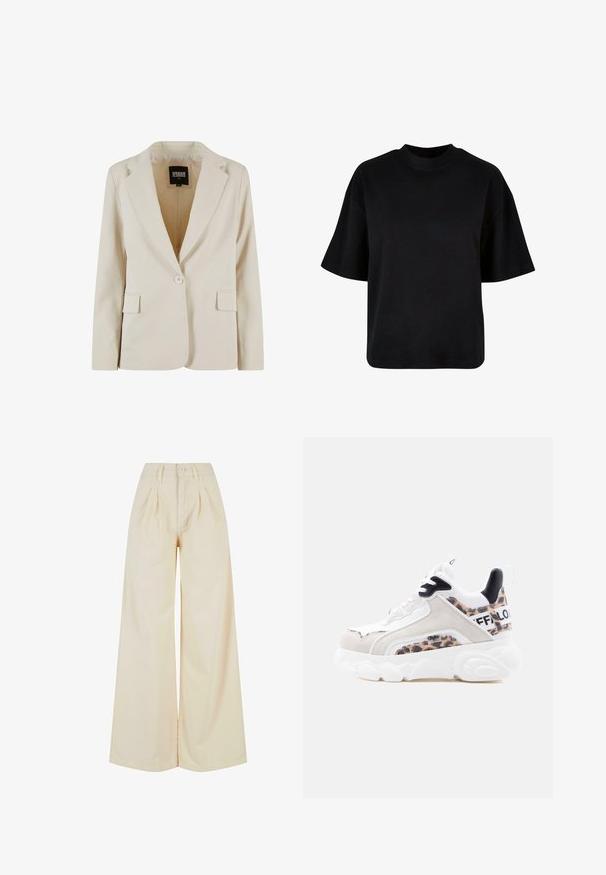 Creamfarvet blazer med én knap, revet revers og to klaplommer, mærket Urban Classics, størrelse XS.; Sort bomulds t-shirt med høj hals, korte ærmer og en løs, boxy pasform uden synlige mønstre eller accenter.; Beige vidde bukser med høj talje, der har en knaplukning og plissee detaljer. Glat stof med en blød tekstur.; Kraftig hvid sneaker med beige og sorte detaljer, leopardprintdetaljer og en tyk sål, vist fra siden på en hvid baggrund.