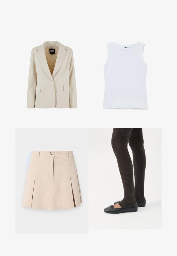 Krémový jednorozopínací blazer s výrezom v klopách a dvoma vreckami s krytkou, označený Urban Classics, veľkosť XS.; Biele bavlnené tielko bez rukávov so širokým okrúhlym výstrihom a rovnými lemy, zobrazené na bielom pozadí.; Béžová krátka sukňa s prednými záhybmi, zapínaním na gombík a zips, s pútkami na opasok, zobrazená na jednolalom svetlom pozadí.; Nohy v tmavých pásikavých legínach v kombinácii s čiernymi balerínkami s malými mašličkami na bielom pozadí.
