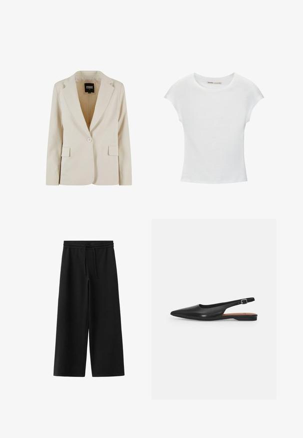 Blazer crème à bouton unique, avec revers crantés et deux poches à rabats, étiqueté Urban Classics, taille XS.; T-shirt en coton blanc avec manches courtes retroussées, encolure ronde et ourlet droit. Texture lisse sans motifs ni accents visibles.; Pantalon noir à jambes larges avec taille élastique et cordon, en tissu doux, présenté à plat sur fond blanc.; Chaussure slingback en cuir noir avec un bout pointu, un léger éclat et une bride de cheville réglable. Talon plat avec une semelle intérieure marron.