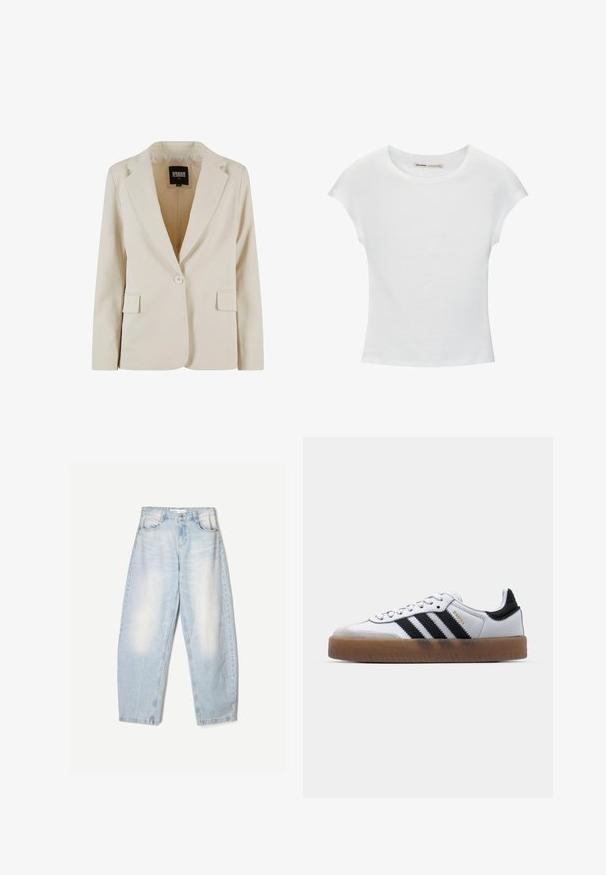 Creamfarvet blazer med én knap, revet revers og to klaplommer, mærket Urban Classics, størrelse XS.; Hvid bomuld t-shirt med korte, opsmøgede ærmer, rund halsudskæring og lige kant. Glat tekstur uden synlige mønstre eller detaljer.; Lyseblå denimbukser med en loose fit, der har en falmet finish, to forlommer og en knaplukning i taljen.; Hvide lædersneakers med sorte striber, gummirubber sål, rund tå, snørelukning og blød grå ruskinds tåhætte.