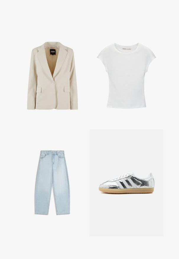 Creamfarvet blazer med én knap, revet revers og to klaplommer, mærket Urban Classics, størrelse XS.; Hvid bomuld t-shirt med korte, opsmøgede ærmer, rund halsudskæring og lige kant. Glat tekstur uden synlige mønstre eller detaljer.; Lyseblå straight-leg jeans lavet af denim. Har forlommer, bæltestropper og en ren afslutning ved kanten med minimal falmen og tekstur.; Lav top sneaker med sølvmetalisk slangeskind tekstur, hvide striber, hvide snørebånd og lys gummisål på hvid baggrund.