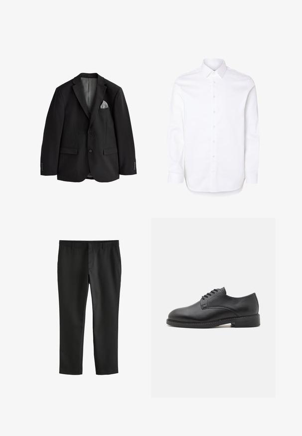Blazer homme noir sur mesure avec deux boutons, revers crantés, poches à rabat et un mouchoir gris dans la poche sur fond blanc.; Chemise blanche à manches longues avec col classique et poignets boutonnés.; Pantalon noir droit sur mesure avec poches latérales et passants pour ceinture, conçu pour un usage formel ou au bureau.; Chaussure oxford en cuir noir avec un bout rond, présentant une finition lisse, un laçage à cinq œillets et un petit talon empilé.
