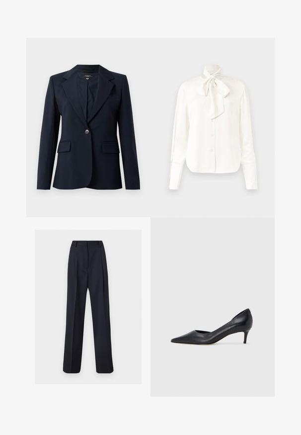 Blazer marine en tissu lisse, avec un col cranté, une fermeture à un bouton, deux poches avant et une poche poitrine.; Blouse blanche à manches longues en tissu léger avec col haut et un grand nœud au niveau du cou, dotée d'une fermeture à boutons sur le devant.; Pantalon droit sur mesure bleu marine avec passants de ceinture et plis avant, présenté sur un fond blanc.; Escarpin en cuir noir avec un bout pointu et un talon bas. Présente une texture lisse et un éclat subtil. Découpe ouverte à l'avant pour un détail supplémentaire.
