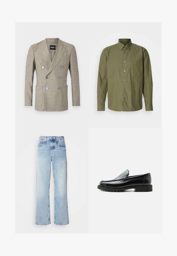 Beige Doppelreiher-Blazer aus strukturierter Stoffqualität mit zwei Vorderaschen und metallischen Knöpfen. Das Etikett zeigt "BOSS" an.; Olivegrünes Langarmhemd mit Knopfleiste, dünnen vertikalen Streifen und einer Brusttasche auf einem schlichten weißen Hintergrund.; Helle blaue weite Jeans mit hoher Taille, in verwaschenem Finish, mit Gürtelschlaufen und klassischem Fünf-Taschen-Design. Der Saum ist ungesäumt.; Schwarzer Lederloafer mit grober Gummisohle, genähter Oberseite und geprägtem Markennamen an der Ferse, seitlich auf weißem Hintergrund gezeigt.