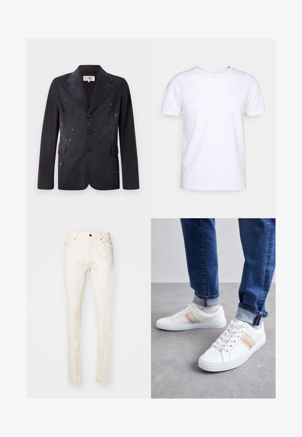 Sort bomuldsblazer med et skræddersyet design, der har en notched flipping, fire knapper og malingspletter i forskellige farver hen over stoffet.; Hvid kortærmet t-shirt i bomuldsstof med rund halsudskæring. Enkel design uden mønstre eller detaljer. Glat tekstur.; Beige bomuldsjeans med slim fit, der har en frontknap, fem lommer og subtile syninger. Glat tekstur og tætsiddende ben.; Hvide lædersneakers med multicolore striber, snørebåndsdesign, gummisål og polstret krave, parret med blå denimjeans.