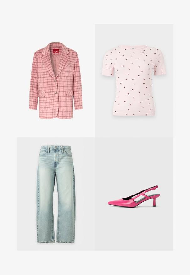 Blazer en laine rose avec motif à carreaux marron, col à revers cranté, deux poches à rabat, une poche poitrine et deux boutons décoratifs en argent.; T-shirt à manches courtes côtelée de couleur rose clair avec petits motifs de cœurs rouge foncé dispersés, encolure ronde et silhouette ajustée.; Jean bleu clair à jambes larges avec poches avant, passants de ceinture et fermeture bouton, présenté sur fond blanc.; Pompe à talon slingback en cuir rose avec un bout pointu, des découpes et un petit talon. Texture lisse et fermeture à boucle réglable.
