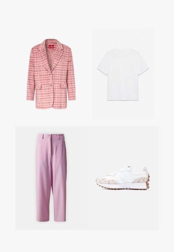 Blazer en laine rose avec motif à carreaux marron, col à revers cranté, deux poches à rabat, une poche poitrine et deux boutons décoratifs en argent.; T-shirt blanc uni à manches courtes et col rond, posé à plat sur un fond blanc.; Pantalons tailleur roses avec une taille plate, deux poches latérales et une fermeture à bouton. Fabriqués à partir d'un tissu lisse et léger avec une coupe décontractée.; Baskets athlétiques blanches avec accents beige et marron clair tachetés, design à lacets et semelle en caoutchouc texturée pour une meilleure adhérence.