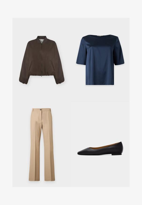 Veste bomber marron foncé avec fermeture éclair à l'avant, col côtelé, poignets élastiques et poches latérales sur un fond clair uni.; Blouse courte en satin bleu marine avec un col rond et une coupe ample, présentée sur un fond uni.; Pantalon beige à jambe droite avec pli avant, fermeture par bouton et passants pour ceinture, présenté sur un fond uni.; Chaussure plate en cuir noir à bout pointu avec talon bas et finition lisse, vue de côté sur un fond gris clair.