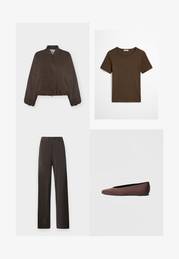 Veste bomber marron foncé avec fermeture éclair à l'avant, col côtelé, poignets élastiques et poches latérales sur un fond clair uni.; T-shirt uni manches courtes vert olive à col rond avec col en côte et étiquette visible Marc O’Polo Denim à l’intérieur du col.; Pantalon marron foncé à jambes droites avec taille élastique, sans poches visibles ni décorations, présenté sur un fond clair uni.; Ballerines en tissu marron avec un bout pointu et une texture lisse, dotées d'un talon bas et d'une fine semelle noire. Aucune motif ni élément métallique visible.