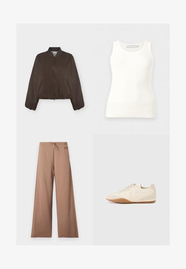Veste bomber marron foncé avec fermeture éclair à l'avant, col côtelé, poignets élastiques et poches latérales sur un fond clair uni.; Débardeur blanc côtelé sans manches avec encolure ronde, coupe ajustée, et étiquette de la marque à l'intérieur du col arrière.; Pantalon marron à jambes larges avec taille élastique, cordon de serrage et petite écusson logo sur le côté droit près de la taille.; Baskets beige clair avec une tige en cuir texturé, des panneaux latéraux texturés et une semelle en caoutchouc. Dotées d'un design fin et épuré ainsi que de lacets plats.