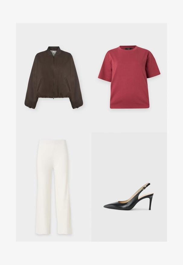 Veste bomber marron foncé avec fermeture éclair à l'avant, col côtelé, poignets élastiques et poches latérales sur un fond clair uni.; T-shirt à manches courtes et col rond couleur rose poudré avec une coupe décontractée, présenté sur un fond blanc uni.; Pantalon blanc droit avec une taille haute et un tissu lisse, présenté sur un fond uni clair.; Escarpins en cuir noir avec une pointe fine, une bride ajustable et un talon aiguille élégant, présentant une finition lisse.