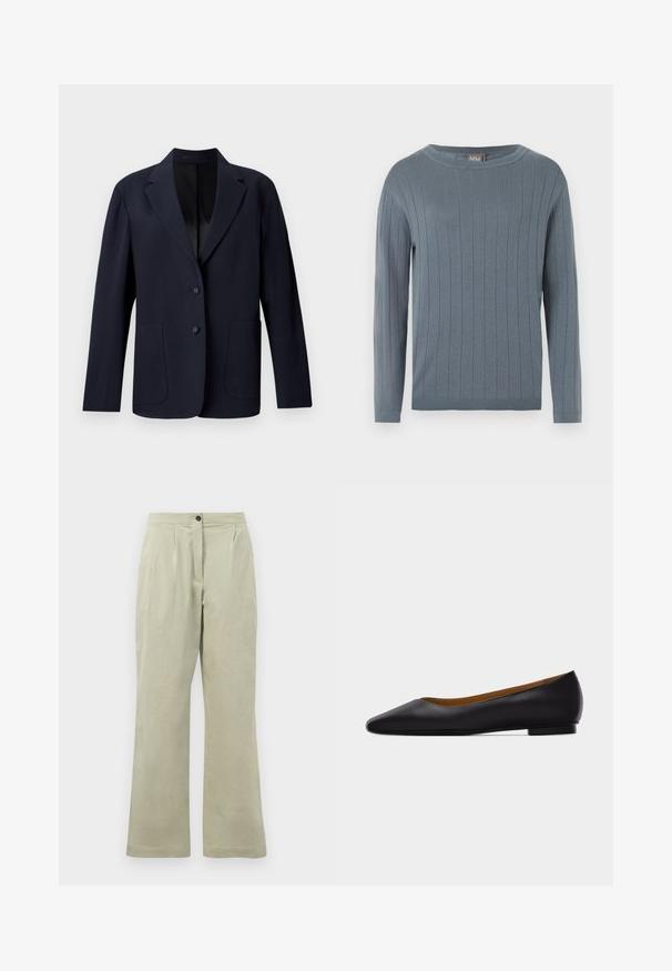 Marineblazer med tekstureret mønster, enkeltknap design, spidse klapper, to forlommer og to knaplukninger.; Langærmet rundhalset sweater i afdæmpet blå med vertikalt ribstrikket mønster, tætsiddende manchetter og lige kant.; Lysgrønne brede bukser lavet af blødt stof, med en frontknaplukning, plisseringer og en ren kant.; Sort læder flad sko med spids tå, lav hæl og glat finish, vist fra siden på en lysegrå baggrund.