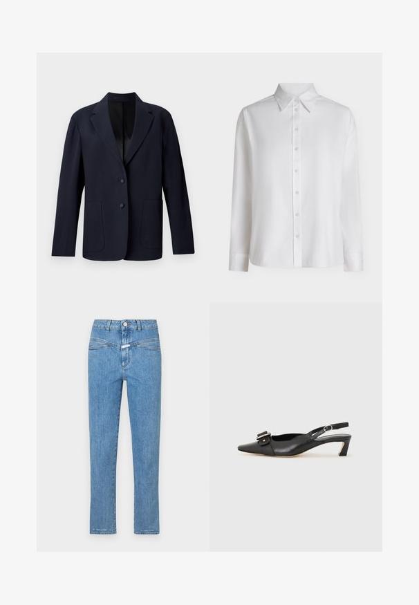 Marineblazer mit strukturiertem Muster, einreihigem Design, Reverskragen, zwei Fronttaschen und zwei Knopfverschlüssen.; Weißes langärmeliges Hemd mit Knopfleiste, spitzem Kragen und Standardmanschetten, vor einem einfarbigen hellen Hintergrund präsentiert.; Helle blaue Jeans aus Denim mit geradem Bein, fünf Taschen und einem Knopfverschluss. Sie weisen eine leicht ausgebleichte Textur und minimalen Nähten auf.; Schwarzer Leder Slingback-Schuh mit spitzer Zehenform, kleinem Absatz und dekorativem Schnallen-Detail auf dem Obermaterial. Glatte Textur, minimalistisches Design.
