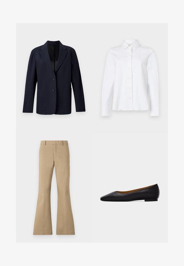 Marineblazer met een gestructureerd patroon, enkelgeknoopt ontwerp, pieklapels, twee voorzakken en twee knoopsluitingen.; CLOSED CLASSIC SHIRT WITH STRAP DETAIL - Overhemdblouse - white; CLOSED FELISE - Broek - urban beige; Zwarte leren puntschoen met lage hak en gladde afwerking, zijaanzicht op een lichtgrijze achtergrond.