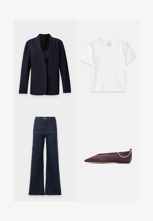 Marineblazer mit strukturiertem Muster, einreihigem Design, Reverskragen, zwei Fronttaschen und zwei Knopfverschlüssen.; Weißes Baumwoll-T-Shirt mit Rundhalsausschnitt, kurzen Ärmeln und geradem Saum. Etikett mit der Aufschrift "Won Hundred" an der Mitte des Ausschnitts.; Dunkelblaue ausgestellte Jeans aus Denim mit hoher Taille, die zwei hintere Taschen und kontrastierende Nähte entlang der Säume aufweist.; Dunkelbrauner flacher Schuh mit spitz zulaufender Spitze, niedrigem Absatz und einer silbernen Strasssteinkette auf der Rückseite.