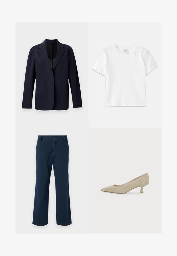 Marineblazer met een gestructureerd patroon, enkelgeknoopt ontwerp, pieklapels, twee voorzakken en twee knoopsluitingen.; Witte katoenen t-shirt met een ronde hals, korte mouwen en een rechte zoom. Label met "Won Hundred" aan de voorkant van de halslijn.; CLOSED SERANDON - Broek - dark night; Beige suède pump met puntige neus, lage hak en een slanke hak van gemiddelde hoogte op een effen witte achtergrond.