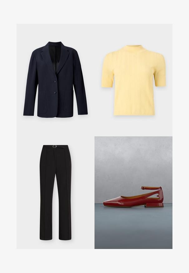 Marineblazer mit strukturiertem Muster, einreihigem Design, Reverskragen, zwei Fronttaschen und zwei Knopfverschlüssen.; Kurzärmeliges, geripptes Strickoberteil in Blassgelb mit Stehkragen und vertikal strukturierten Streifen, auf weißem Hintergrund liegend präsentiert.; Schwarze gerade geschnittene Hose mit vorderen Bügelfalten und passendem schwarzen Gürtel mit silberner Schnalle, dargestellt auf weißem Hintergrund.; Glänzender roter Ballerinaschuh mit Knöchelriemen, der über einer hölzernen Oberfläche und Kieselsteinen im Freien schwebt, im Hintergrund unscharfer grüner Strauch und Stein.