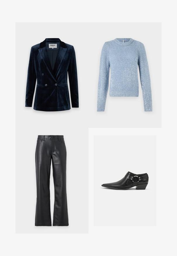ONLY ONLASTRID ELSY FIT - Blazer - night sky; Pull en tricot bleu clair avec un col rond, des manches longues, et une finition légèrement texturée avec des accents de scintillement subtils dans tout le vêtement.; Pantalon en cuir noir avec un design évasé, doté de poches avant, passants de ceinture et d'une fermeture à bouton. Texture lisse avec des coutures visibles.; Bottines en cuir noir avec un bout pointu, présentant une sangle en cuir à l'avant et un détail de boucle en argent, ainsi qu'un petit talon carré.
