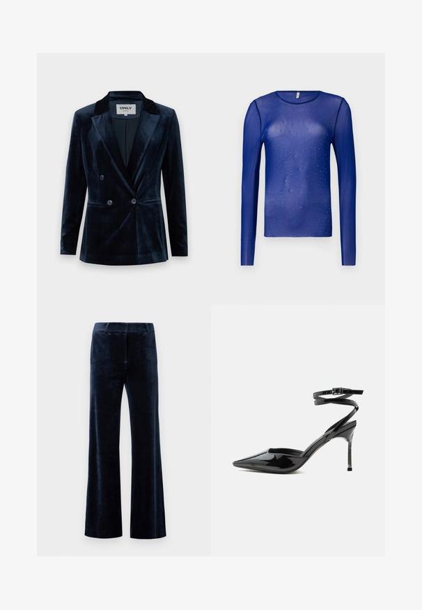 ONLY ONLASTRID ELSY FIT - Blazer - night sky; Haut transparent à manches longues de couleur bleue orné de petits gemmes bleues, avec un col rond et un tissu lisse, légèrement texturé.; Pantalons évasés bleu marine en velours doux. Présente une texture lisse, une taille ajustée et des bords nets. Pas de matériel visible ni de motifs.; Escarpin à talon aiguille en cuir verni noir, bout pointu, fines lanières à la cheville et petite boucle.