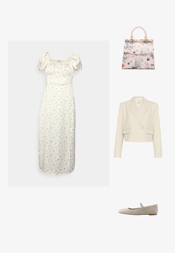 Blazer beige ajustado en una tela texturizada, con un frente de doble botonadura, solapas con muesca y dos bolsillos frontales.; NA-KD SHORT PUFFY SLEEVE MIDI DRESS - Vestido informal - spaced blue; Zapato plano beige con punta redondeada y una fina correa en el tobillo con una pequeña hebilla dorada sobre un fondo blanco.; Bolso de mano con estampado floral que presenta un exterior sintético de color rosa suave, forma estructurada, asa curva, herrajes dorados y cierre de solapa.