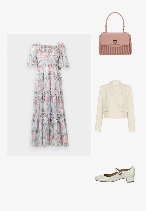 Afskåret beige blazer i et tekstureret stof, med en dobbeltradet front, skrå lapeller og to frontlommer.; Blomstret chiffon maxi-kjole med rynket liv, flæseærmer og lagdelte skørter. Farverne omfatter blid pink, grå og grønne blomsterprint.; Hvide laklæder Mary Jane sko med en rund tå, flad firkantet hæl og en justerbar rem med en sølvfarvet spænde detalje.; Lyserød plissert håndtaske lavet af syntetisk materiale, med en guldfarvet lukning og et struktureret topgreb. Glat tekstur med subtil glans.