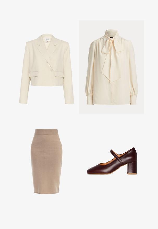 Korte beige blazer van een gestructureerde stof, met een dubbelgebreide voorkant, gelapte revers en twee voorkruiken.; Crèmekleurige blouse met lange mouwen, een hoge kraag en een grote gestrikte strik bij de hals, met geplooide schouders en omslagmouwen.; Beige getailleerde kokerrok met een geribbelde tailleband, een gladde textuur en een knielange pasvorm. Geschikt voor veelzijdige stylingmogelijkheden.; Bordeaux leren Mary Jane-schoen met een vierkante neus, verstelbaar bandje en een stevige blokhak. Gladde textuur en minimalistisch ontwerp.