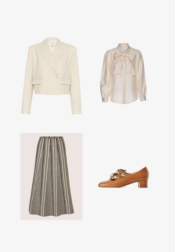 Korte beige blazer van een gestructureerde stof, met een dubbelgebreide voorkant, gelapte revers en twee voorkruiken.; Crèmekleurige satijnen blouse met lange opgepofte mouwen, knoopsluiting aan de voorkant en een grote gestrikte strik bij de kraag.; A-lijn midirok met hoge taille en zwart-beige verticale gestreepte geometrische print en plooien.; Bruine leren lage schoen met twee strikvormige uitsparingen op het bovenwerk, afgeronde neus en een blokhak, zij-aanzicht op een witte achtergrond.