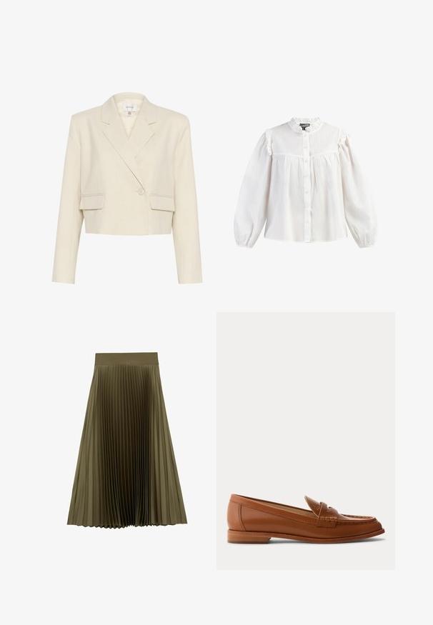 Korte beige blazer van een gestructureerde stof, met een dubbelgebreide voorkant, gelapte revers en twee voorkruiken.; Witte katoenen blouse met een hoge halslijn en ruffles, knopenfront en lange, bolle mouwen met elastische manchetten. Soepele textuur, casual stijl.; Olijfgroene midirok met brede tailleband en fijne verticale plooien, uitlopende zoom, op witte achtergrond.; Bruine leren loafer met lage houten hak, klassieke pennyriem en gestikte details langs de neus en zijkanten.