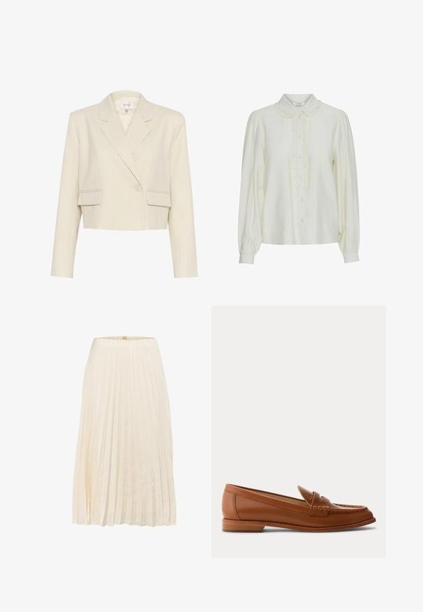 Blazer beige raccourci en tissu texturé, avec un devant croisé, des revers crantés et deux poches avant.; Blouse en crème avec un col à volants, fermeture à boutons sur le devant, manches bouffantes longues et un tissu doux et texturé. Design élégant et minimaliste.; Jupe plissée en tissu couleur crème, présentant des plis verticaux et une texture lisse, avec une coupe mi-longue et une taille simple.; Mocassin en cuir marron avec petit talon en bois, bride classique pour pièce et détails cousus le long de la pointe et des côtés.