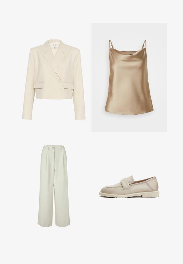 Afskåret beige blazer i et tekstureret stof, med en dobbeltradet front, skrå lapeller og to frontlommer.; Satin top i lys beige med tynde stropper og en blødt draperet halsudskæring, der har en glat, blank overflade.; Højtaljede, vidde ben, cremefarvede bukser med bæltestropper, knaplukning og forreste folder, designet til en afslappet pasform.; Beige læder loafers med en jævn tekstur, der har et forhøjet bånd over forgabreren og en lav, flad gummisål.