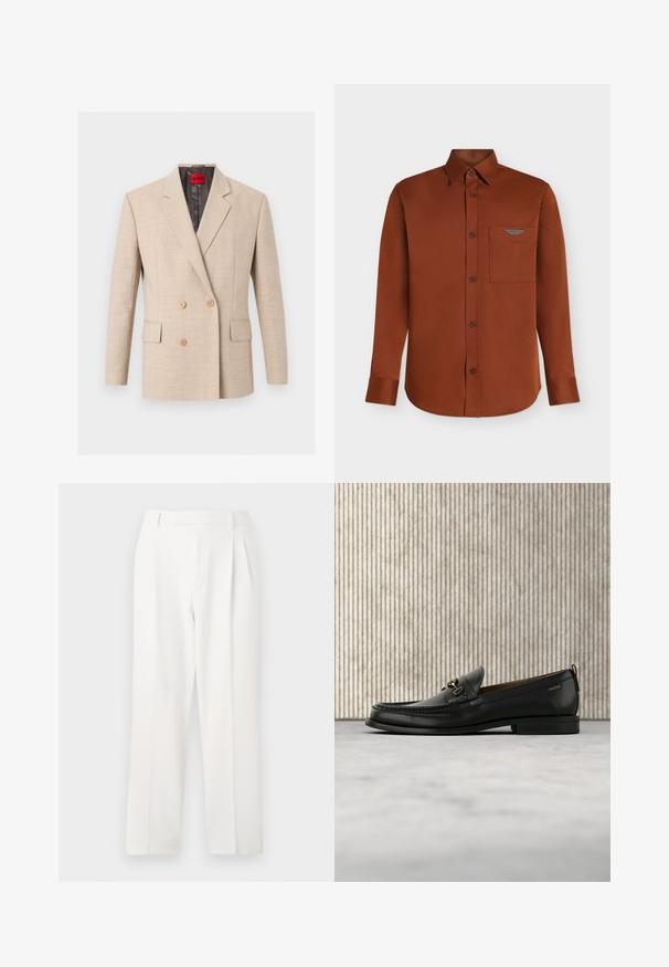 Blazer beige croisé avec revers à encoches, deux poches avant à rabat et boutons marron clair, marqué d'une étiquette rouge Hugo à l'intérieur du col.; Chemise à manches longues couleur rouille, boutonnée, avec col et poche poitrine ornée d'un petit emblème métallique ailé.; Pantalon blanc sur mesure avec une coupe droite, présentant des plis, un devant plat et une texture de tissu lisse. Aucune poche ni accent visible.; Mocassin en cuir noir avec mors en métal doré et logo "HUGO", présenté sur un tapis beige et un meuble translucide marron.