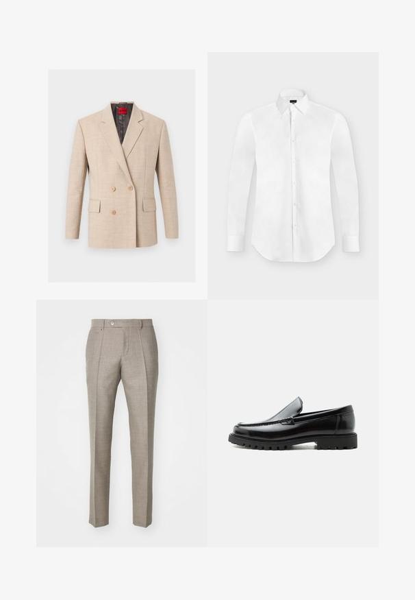 Blazer beige croisé avec revers à encoches, deux poches avant à rabat et boutons marron clair, marqué d'une étiquette rouge Hugo à l'intérieur du col.; Chemise blanche à manches longues avec boutons et col pointu, posée à plat sur un fond gris clair.; Pantalons taillés beiges avec une finition en relief, dotés d'une fermeture à bouton et de deux poches latérales. Design structuré avec une silhouette à jambe droite.; Mocassin en cuir noir avec semelle en caoutchouc épaisse, dessus cousu et nom de marque embossé sur le talon, présenté de profil sur fond blanc.