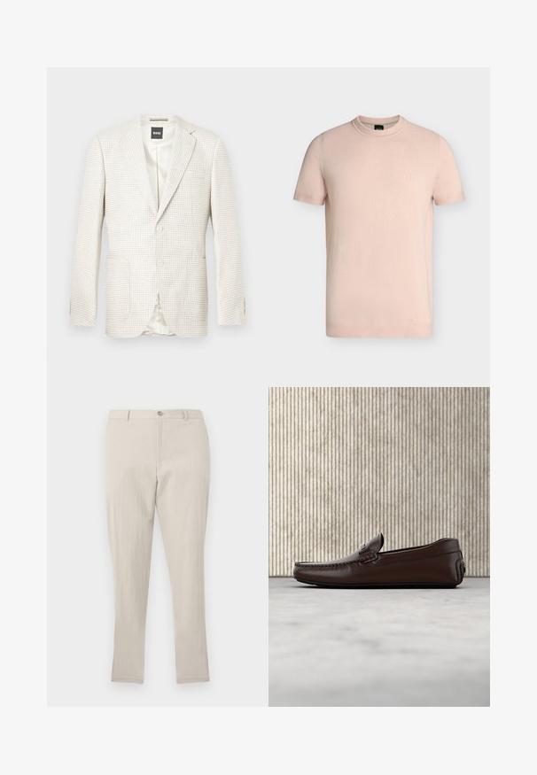 Blazer pour homme beige clair à motif pied-de-poule, avec col à revers cranté, deux boutons sur le devant, poches à rabat, et étiquette BOSS à l'intérieur du col.; T-shirt rose clair à manches courtes et col rond avec logo "BOSS" brodé sur la poitrine gauche.; Pantalon droit texturé beige clair avec passants pour ceinture, fermeture à bouton et zip frontal, présenté sur un fond uni.; Mocassins en cuir marron avec une finition lisse, des coutures de style mocassin, un bout rehaussé et une semelle en caoutchouc basse et flexible.