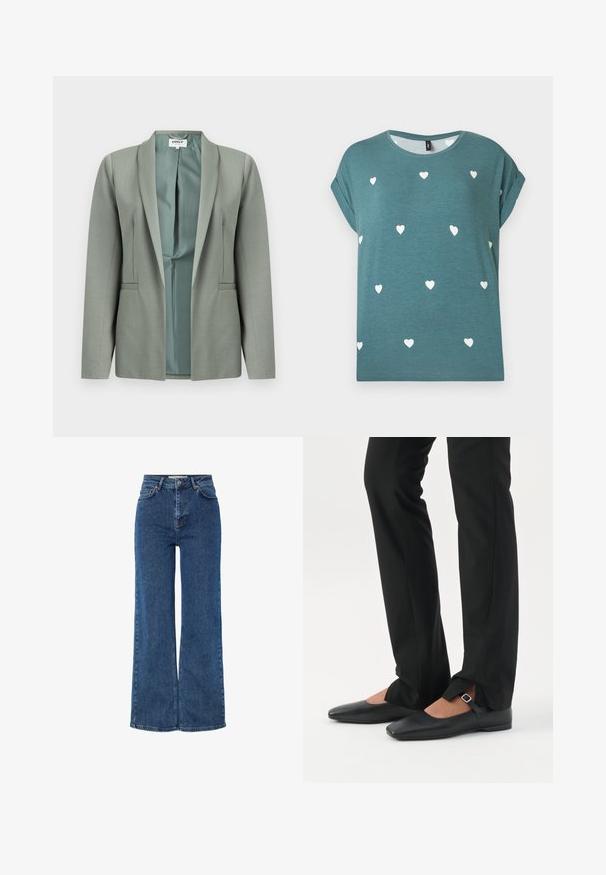 Veste blazer gris clair à ouverture frontale, manches longues, col châle, doublure intérieure lisse visible, présentée sur un fond blanc.; Chemise bleu sarcelle à manches courtes avec revers, petits motifs de cœurs blancs éparpillés, et un col rond.; Jean en denim bleu taille haute avec jambes larges, comprenant un design traditionnel à cinq poches, une fermeture à bouton en métal et des coutures contrastées.; Jambes vêtues d’un pantalon slim noir avec des fentes à l’avant de l’ourlet, assorties à des chaussures plates Mary Jane noires avec une petite bride à boucle.